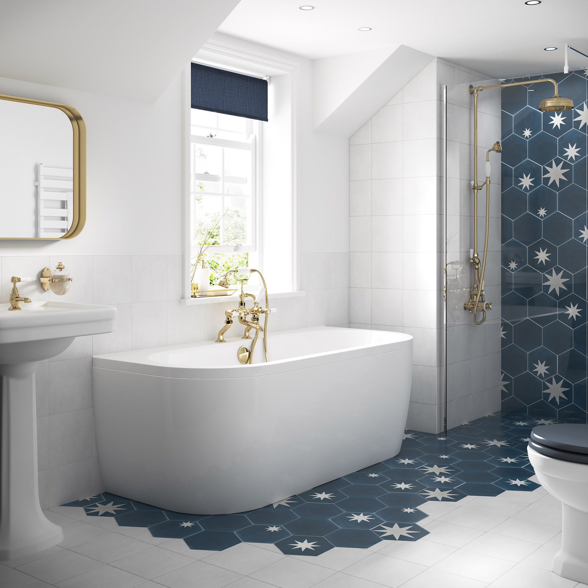 Moderno cuarto de baño con bañera exenta de espaldas a la pared y azulejos con diseño de estrella que pasan del suelo a la pared